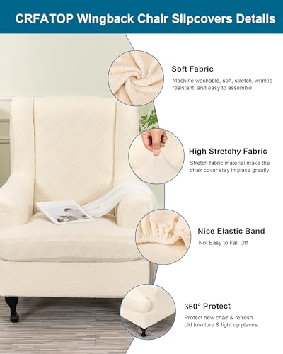 CRFATOP 2 Piece Stretch Wingback Chair Cover Jacquard Wing Chair Slipcovers Spandex Fabric Wingback Armchair Covers with Elastic Bottom for Living Room Bedroom Wingback Chair,Beige - color: Color C27-beige