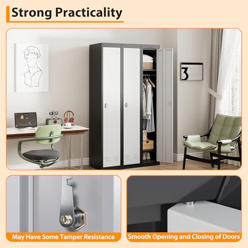 72" Tall Single-Door Metal Locker with Key, Heavy Duty Steel Storage Cabinet with Shelves, Lockable Employee Locker for School, Office, Gym, Home, Garage, Grey & Black - size: 1 Door