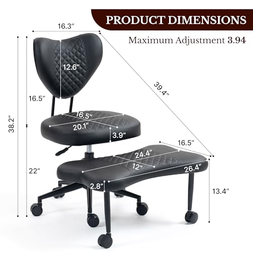 Cross Legged Office Chair with Wheels, 360 Swivel Height-Adjustable Meditation Chair with Lumbar Support, PU Leather, Black - color: Black, size: Heart Back with Rectangular Cushion