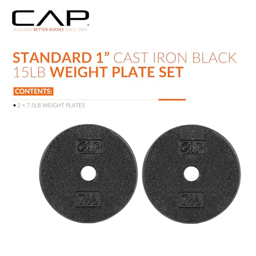 CAP Barbell Standard 1-Inch Cast Iron Weight Plates - Singles & Sets | 1.25-50 lbs | Multiple Options - color: Black, size: 7.5 lb - Set of 2