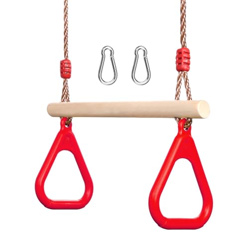 PELLOR Playground Children's Wooden Trapeze Swing Bar with Plastic Gym Rings Swing Set for Indoor & Outdoor Fun - color: Red