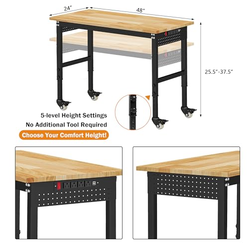 Betterhood 48" Adjustable Workbench on Wheels, Rubber Wood Heavy Duty Workstation with Power Outlets&2 Pegboards, 2000 Load Capacity Hardwood Worktable for Workshop, Garage, Office, Home, Commercial - size: Metal Wheels/Pegboard/2Power Outlets /48"x24"x39