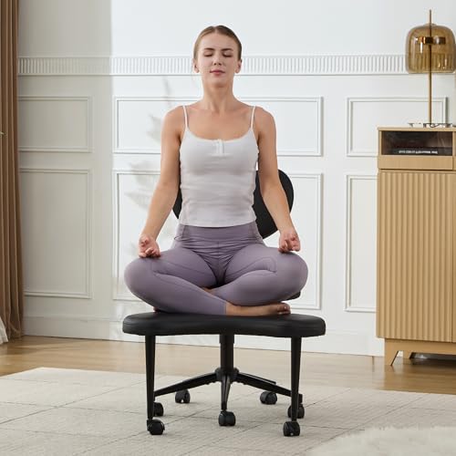 Cross Legged Office Chair, 360° Swivel Yoga Meditation Chair, Ergonomic Height Adjustable ADHD Criss Cross Office Chair with Wheels, Lumbar Support for Home Office, Black - color: Black, size: Heart Back