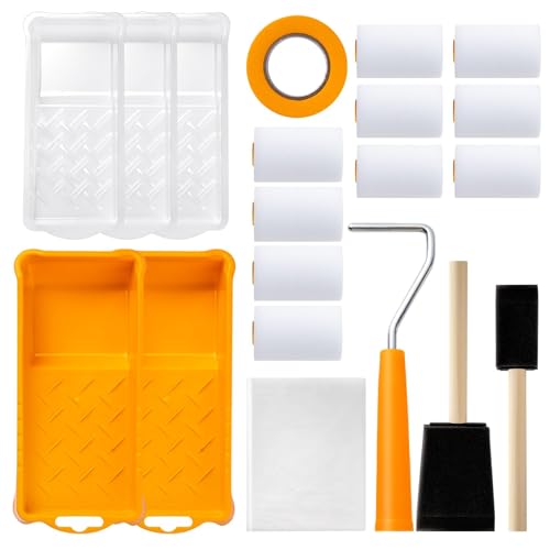 Mister Rui Mini Foam Paint Roller Kit, 2 Inch Paint Tray with Liner 20 Pack | Small Paint Rollers with Tray Disposable liners, Foam Roller Paint Brushes, Tape, Drop Cloth for Painting, Trim, Touch-ups