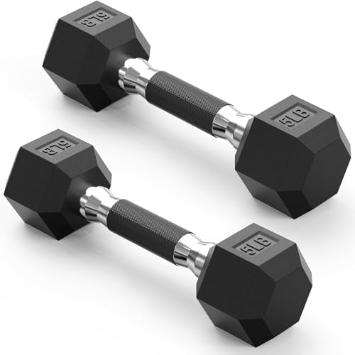 PAPABABE Hex Dumbbell Set 2.5-100lb, Rubber Grip Dumbbells, Home Gym | Complete & Durable Cast Iron Core Odorless Antiroll Hex Shape Ergonomic Versatile Home Gym Comfort Non-Slip Grip - size: 5 lb, Pair, style: Rubber Grip