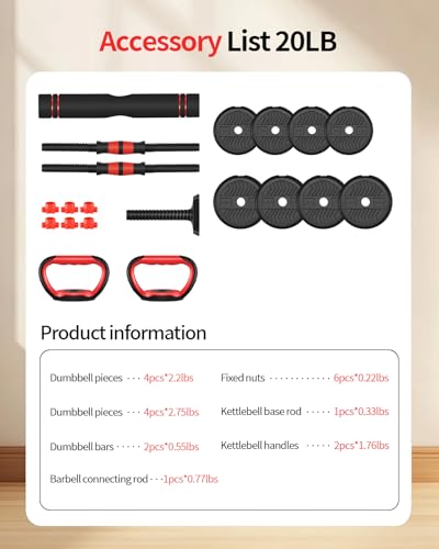 Adjustable Dumbbells,20/30/40/60/80lbs Free Weight Set with Connector, 4 in1 Dumbbells Set Used as Barbell/Kettlebells/Push up Stand, Fitness Workout Equipment for Home Gym for Youth,Women/Men - color: Black 20LBS (10LBS*2) + Kettlebell Handle (1.76LBS*2)
