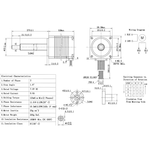 Iverntech NEMA 11 Stepper Motor with Integrated 273mm Tr8x2 Lead Screw 28x52mm 0.6A for 3D Printers or CNC Machine - size: 273-Tr8X2