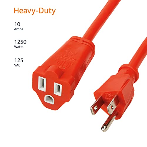 Amazon Basics 100 Foot 3-Prong Vinyl Indoor/Outdoor Extension Cord, Long Power Cord, Grounded Plug for Safety, Moisture Resistant, 10 Amps, 1250 Watts, 125 VAC, Orange - color: Orange, size: 100 ft