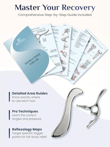Rena Chris Trigger Point Massage Tool & Muscle Scraper Tool, Stainless Steel Body Gua Sha Tool for Deep Tissue Pain Relief & Fascia Release, with Travel Pouch & Guide (2-Piece Kit)