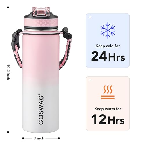 GOSWAG 24oz Insulated Stainless Steel Travel Water Bottle, 2 Lids | with straw and no straw, Paracord handle, Double-wall vacuum keeps drinks cold or hot, Leakproof tumbler - color: Pink-White Ombré