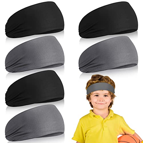 Deekin 6 Pcs Sweatbands for Kids Soccer Headbands Boys for Sports Breathable Sweat Wicking Headband for Kids Athletic Baseball Football Youth 5-15 Years Old - color: Black, Gray