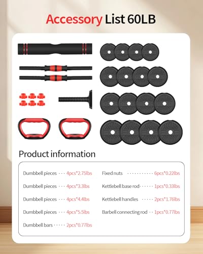 Adjustable Dumbbells,20/30/40/60/80lbs Free Weight Set with Connector, 4 in1 Dumbbells Set Used as Barbell/Kettlebells/Push up Stand, Fitness Workout Equipment for Home Gym for Youth,Women/Men - color: Black 60LBS (30LBS*2) + Kettlebell Handle (1.76LBS*2)
