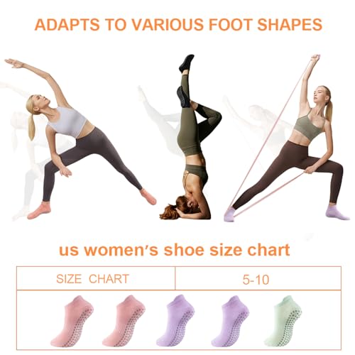 5 Pairs Pilates Socks with Grips for Women Non Slip Grip Yoga Crew Socks for Barre Hospital Barefoot - color: B - 2 Purple 2 Pink 1 Green