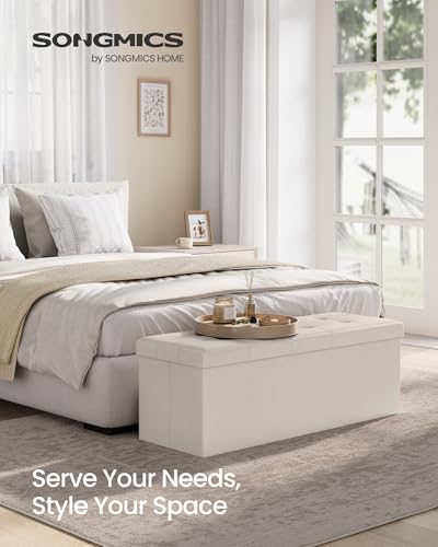 SONGMICS Mazie Collection - 43 Inches Folding Storage Ottoman Bench, Ottoman with Storage, Foot Rest Stool, Load 660 lb, for Living Room, Synthetic Leather, Cream White ULSF70M - color: Cream White, size: 15"D x 43"W x 15"H