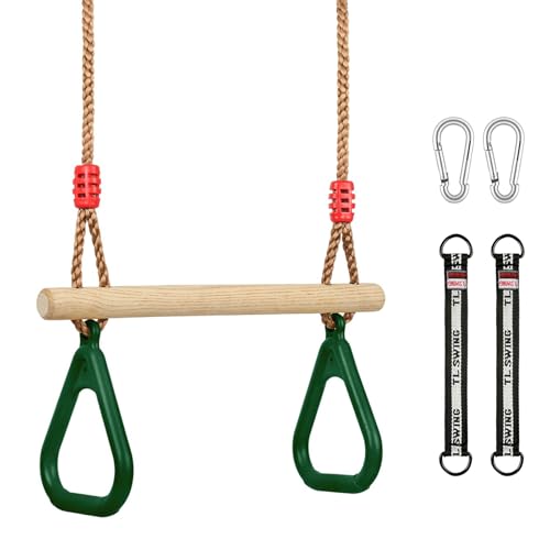 Trapeze Swing Bar for Kids, Wooden Swing Set Hanging Bar with Plastic Gym Rings, 2 Buckle Straps for Ninja Warrior Obstacle Course Trapeze Bar for Swing Set, Indoor & Outdoor Trapeze (Green) - color: Green