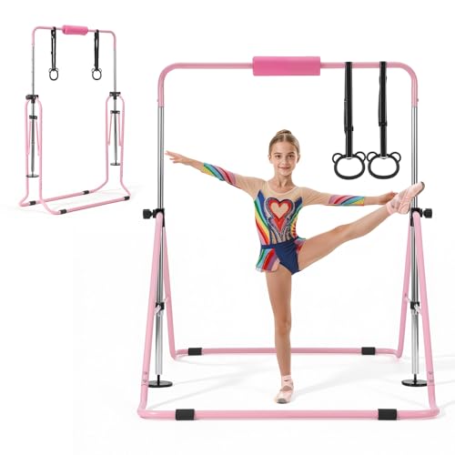 VEVOR Gymnastic Bars for Kids, 140 lbs Capacity Folding Training Kip Bar with Mat, 5 Adjustable Height Gymnastic Horizontal Bar Home, Training Equipment for Indoor Outdoor, Easy Assemble - color: Pink