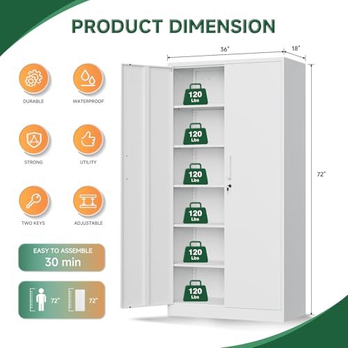 Letaya Metal Storage Cabinet with Lock Door Adjustable Shelf,72" Steel Lockers for Office, Home,School,Kitchen,Garage Tool Utility Cabinet (2 Door-White) - color: White, size: 72 X 36 X 18 In(H X W X D)