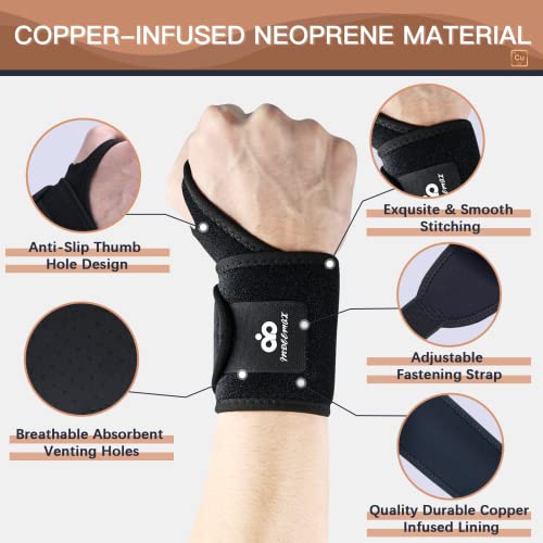 INDEEMAX 2 Pack Copper Wrist Brace Support for Carpal Tunnel, Pain Relief, Arthritis, Tendonitis, Adjustable Wrist Braces Compression Wraps Both Hands, Fit for Men and Women, Black - color: Black