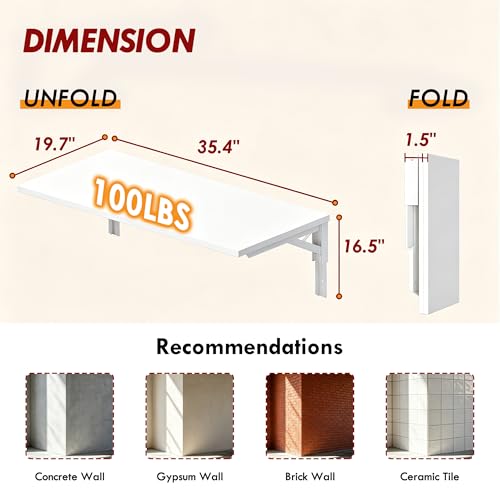 Need Wall Mounted Folding Table, 36x20 Inch Fold Down Wall Mount Desk Heavy Duty Small Folding Wall Table for Laundry, Home Office, Small Apartments, White & White Frame - color: White Desktop & White Folding Shelf Brackets, size: L36" * W20"