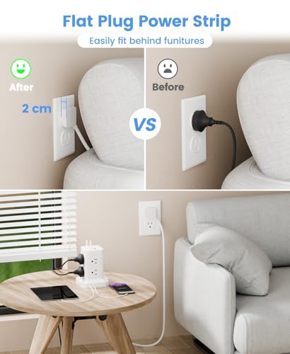 Power Strip Tower with Surge Protector 1800J, Fast Charging Tower PD20W USB-C Ports with 8 AC Outlets, Extension Cord for Home Office Dorm Room, White, 5FT - color: White, size: 5FT