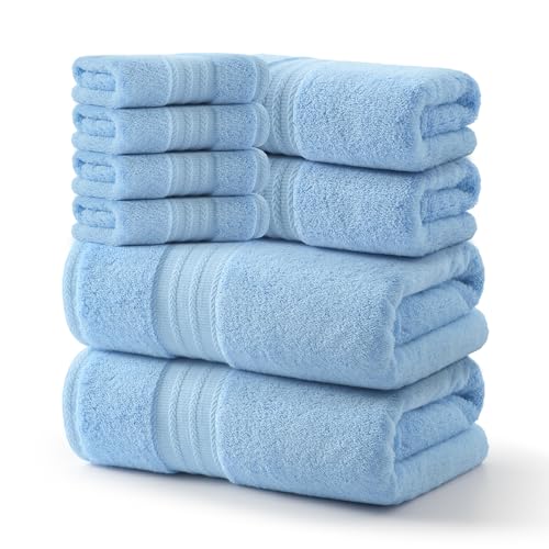 REDKISS 8 Piece Blue Towels Set - 100% Cotton Towels Set with 2 Large Bath Towels, 2 Hand, 4 Washcloths, 600 GSM Highly Absorbent Bath Towel Sets, Blue Quick Dry Shower Towel for Family Dorm Gym - color: Blue