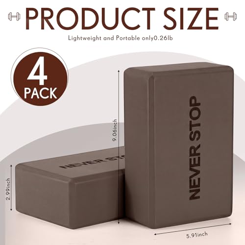 RoundFunny 4 Pack Yoga Blocks Non Slip Pilates Brick Foam Blocks Pilates Dance Gymnastics Workout Fitness Props Tool for Stretching Meditation and Exercise - color: Brown