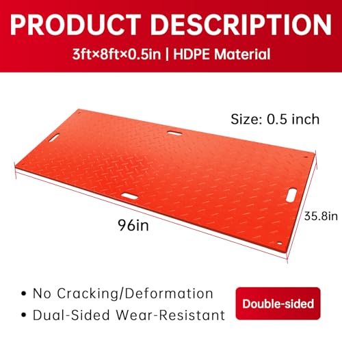 12Pcs 3'x8' Ground Protection Mats w/22 Connectors, Double Sided Diamond Tread, High Density Polyethylene, 90Ton Load Heavy Duty Mat for Lawn Dirt Construction(Orange) - size: 3x8 orange