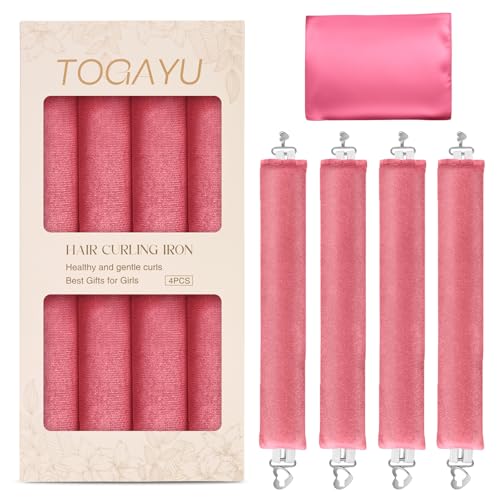 Heatless Curls Overnight Hair Care Set - Jumbo Velvet Hair Curlers | No Heat Hair Rollers for Women, Comfortable Sleep-In Hair Rollers with Satin Scarf, No Heat Damage Curling Rods for All Hair - color: Pink-4PCS