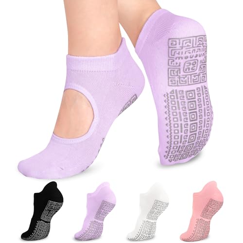unenow Non Slip Grip Yoga Socks for Women with Cushion for Pilates, Barre, Home - color: 4 Pairs-black/White/Pink/Purple