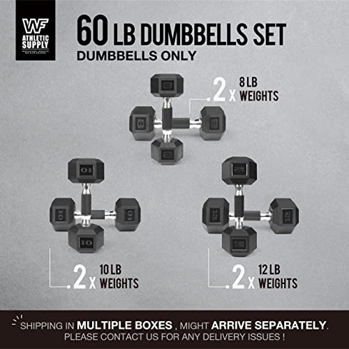 WF Athletic Supply Rubber Encased Hex Dumbbells with Rubber Grip Contoured Handle for Muscle Toning, Strength Building & Full Body Workout - color: o. 8LB, 10LB and 12LB Pair (Totally 60LB)