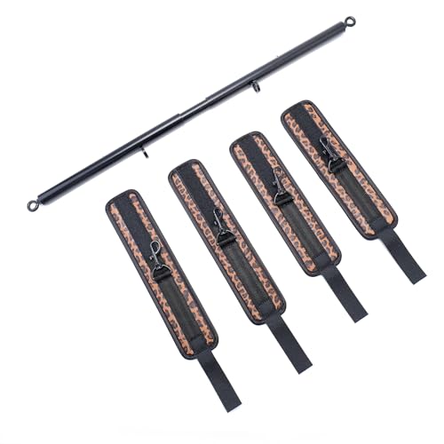 3 in 1 Heavy Duty Stainless Steel Expandable Spreader Bar with 4pcs PU Blue Adjustable Straps,Workout Bar for Home Gym Training Bar,Portable Detachable Pilates Kit - style: Black+Black Leopard Kit