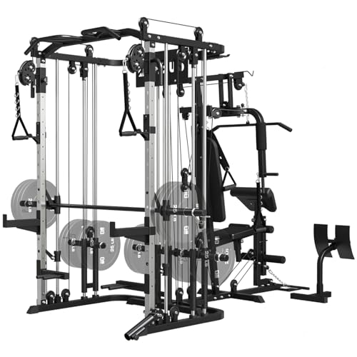 All in One Home Gym System Workout Station, Multi-Function Smithe Machine Power Cage with Cable Crossover System, Tripe-Sided Independent Load Posts, Functional Trainer for Full Body Training - color: Black, style: Home Gym Station