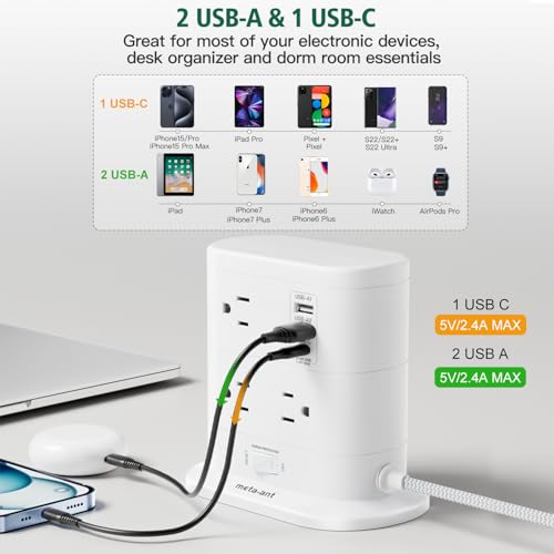 10 in 1 Surge Protector Power Strip Tower - 5Ft Flat Plug Extension Cord with 7 Outlets 3 USB Ports (1 USB C), Desk Power Strips with Surge Protection for Home Office Supplies Dorm Room Essentials