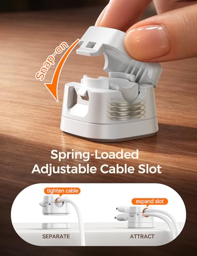 JOYROOM Detachable Magnetic Cord Organizer w/Secure Snap-Lock, 2-in-1 Adhesive& Magnetic Cable Clips, Auto-Fit Spring Management for φ1.5~8mm Cables, Under Desk Nightstand Home Office Car Wire Keeper - color: White