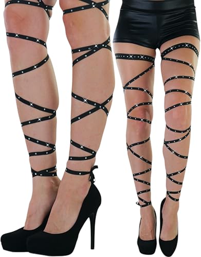 ToBeInStyle Women's Leg Wraps Ravewear Dancewear Elastic Straps Party Garter Music Festivals Costume Accessory Thigh High - color: Footless Criss Cross Tie W/ Abundant Rhinestones - Black, size: One Size
