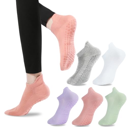 loudashuaiqi Grip Pilates Socks Non Slip Athletic Yoga Socks with Grips for Women Grippy socks for Hospital Workout Barre - style: 1white1grey1purple1green1pink
