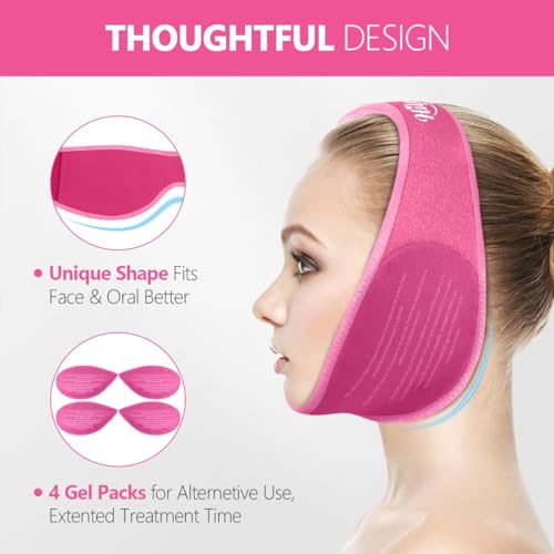 Hilph Wisdom Teeth Ice Pack Head Wrap – Face Ice Pack for Jaw Oral Surgery & TMJ Relief, Upgraded Large Jaw Ice Wrap with 4 Hot Cold Gel Packs for Dental Surgery, Tonsillectomy, Tooth Extraction, Pink - color: Red