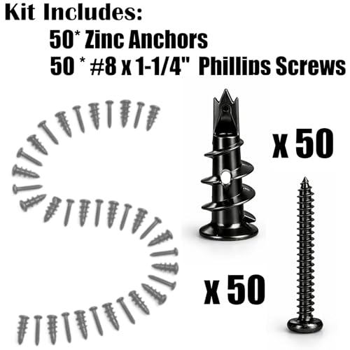 100Pcs #8 Self Drilling Black Metal Drywall Anchor and Screws kit | 50 Heavy Duty Sheetrock Anchors, 50 1-1/4'' Flat Head Screw-Hold 75lbs for Drywall/Plaster/Hollow Door Wall Hanging/ Mounting - size: 50 pack, style: Black Anchors