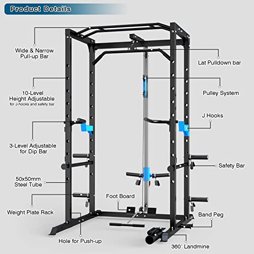 ULTRA FUEGO Power Cage, Multi-Functional Power Rack with J-Hooks, Dip Handles, Landmine Attachment and Optional Cable Pulley System for Home Gym - size: Power Cage with Pulley System and Flat Bench