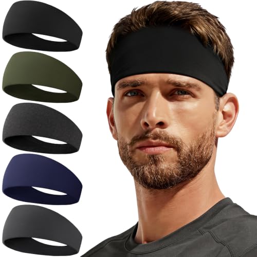 Sweat Band, 5 Pack Headband Moisture Wicking for Running Sports | Workout Sweatband, Unisex Fit, Non-Slip, Skin-Friendly, Multi-Use, Perfect for Exercise, Lightweight - color: Black+Green+Heather Gray+Dark Blue+Dark Gray