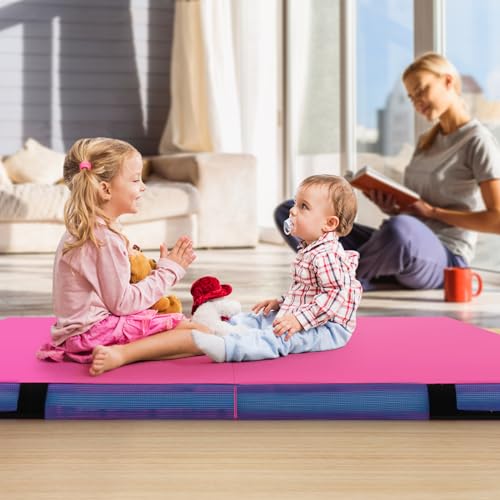 Goplus 4" Thick Folding Gymnastic Mat, Thickened Bi-Fold Fitness Mat with Carrying Handles & PU Leather Cover, Home Gym Tumbling Mat for Stretching, Pilates, Aerobics Workouts - color: Rose&Blue