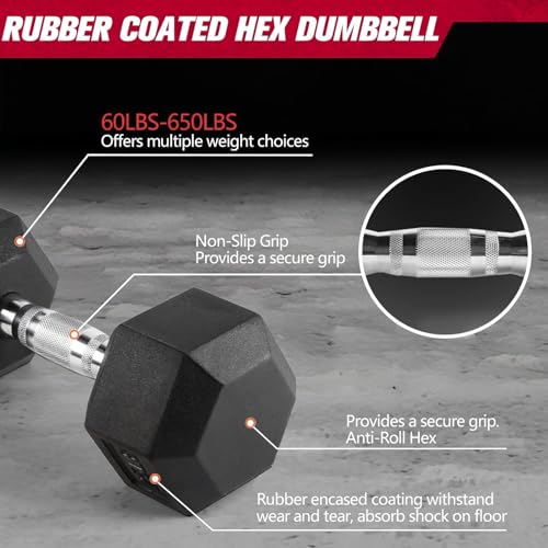 RitFit Rubber Coated Hex Dumbbell Set with Rack, 5-780LB for Home Gym Strength Training, Anti-Slip Knurled Handle, Hexagon Anti-Roll, Heavy-Duty Storage Rack - style: 660 LB Set（5-55LB)
