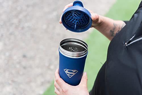 Smartshake DC Comic Bundle - Superman Protein Shaker Bottle – 900ml Leakproof Stainless Steel Shaker Bottle with 50g Protein Powder Storage Funnel