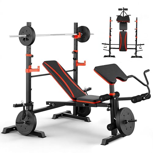 Foldable 1500LBS 8 IN 1 Olympic Weight Bench Set with Squat Rack, Leg Extension/Curl & Preacher Curl, Adjustable Bench Press Set with Safety Bar Catches for Home Gym Full Body Workout - color: magenta