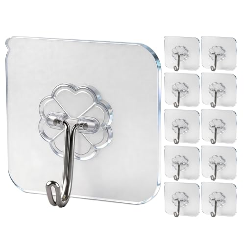 Wall Hooks - 33 lbs Max, Transparent, Seamless, Waterproof & Oilproof, Heavy Duty Adhesive Coat & Towel Hooks (10 Pack)