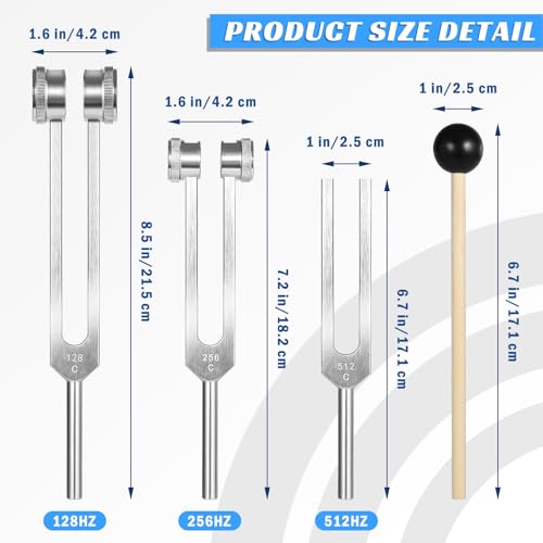 Tuning Fork Set (128Hz, 256Hz, 512Hz) of 3, Weighted & Unweighted Aluminum Forks with Reflex Hammer and Storage Bag for Chakra/Healing/Medical/Sound Therapy Instruments/Yoga/Meditation Accessories - color: 128Hz, 256Hz, 512Hz - Silver