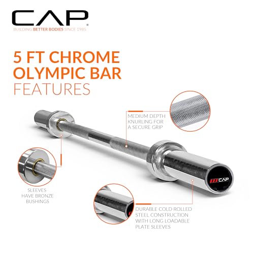CAP Olympic Barbell - 5FT, 6FT, & 7FT Strength Training Weight Bars, Multiple Options - size: 5 ft (60") - Chrome, style: Elite