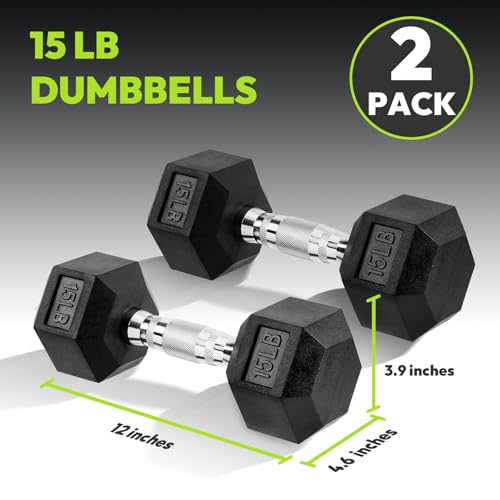 HANDBODE Hex Dumbbell Set of 2, Rubber Encased Fixed Dumbbells, 2.5-65 lb | Non-Slip Comfortable Handles, Hand Weights for Strength Training, Ideal for Home Gym Workouts - size: 15 lb, Pair, style: Chrome Handle
