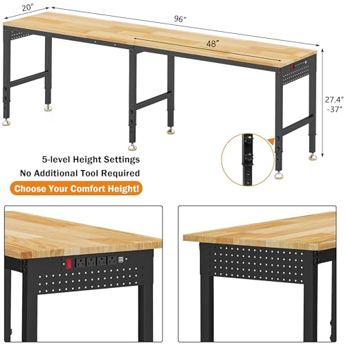 Betterhood 96" 2-in-1 Convertible Adjustable Workbench, L-Shaped & Extended 5000 LBS Heavy Duty Work Table with Power Outlets & Pegboard, Rubber Wood Workstation for Garage, Workshop - size: Rubber Pad/ Power Outlets/ 2 Pegboard/ 96"x20"x37"