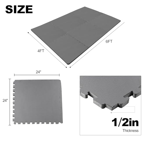 Elevon Puzzle Exercise Gym Flooring Mat, EVA Interlocking Foam Tiles Workout Mat for Home Gym, Fitness Equipment, MMA, Gymnastics, Shock-Absorbing Exercise Mat, Multi-Color - color: Grey, style: 1/2"Th, 6 Tiles (24 Sq Ft)